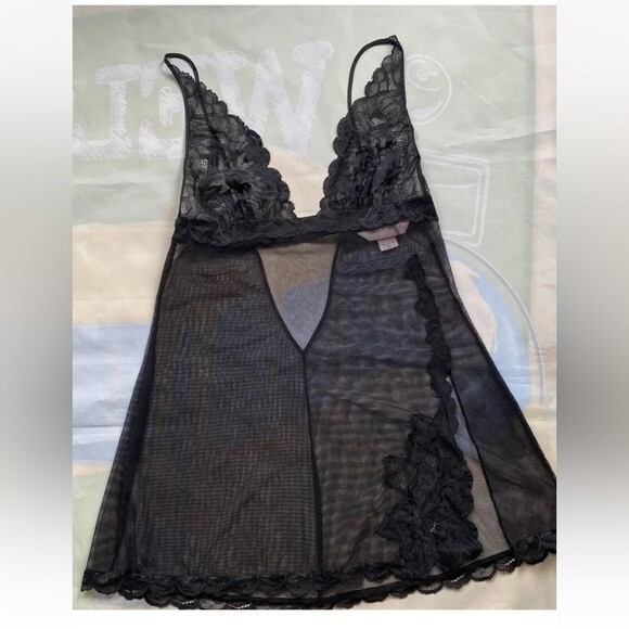 Victoria’s Secret Lingerie Chemise Slip Teddy Babydoll Black Mesh W Lace… - Picture 3 of 12